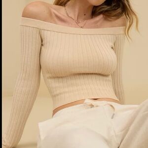 Aerie Off-Shoulder Ribbed Beige Sweater